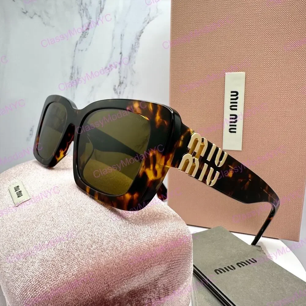 New MIU MIU Sunglasses Brown Tortoise Acetate Gold Metal Logo Italy Authentic